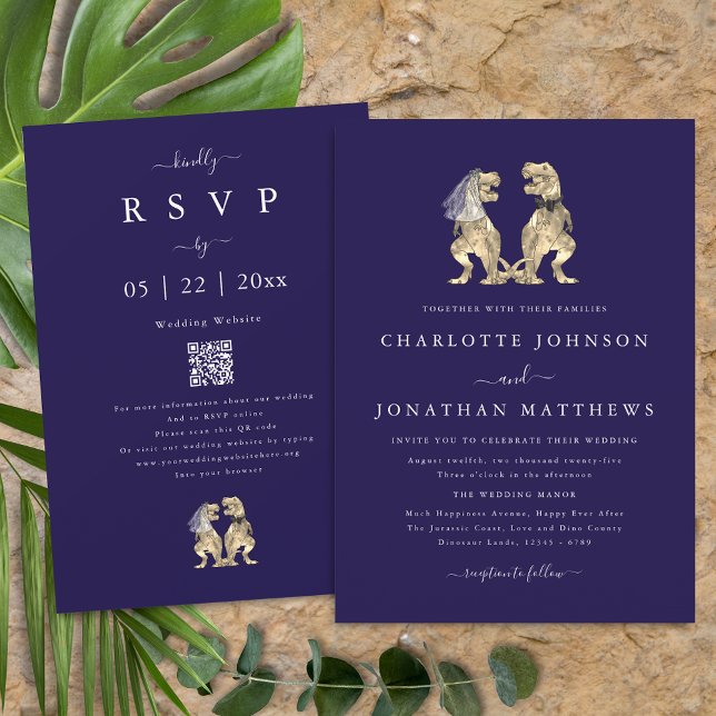 Dinosaur Theme Wedding Navy Blue QR Code Einladung (Dinosaur theme wedding qr code navy blue white invitation  T-Rex dino bride & groom modern elegant )