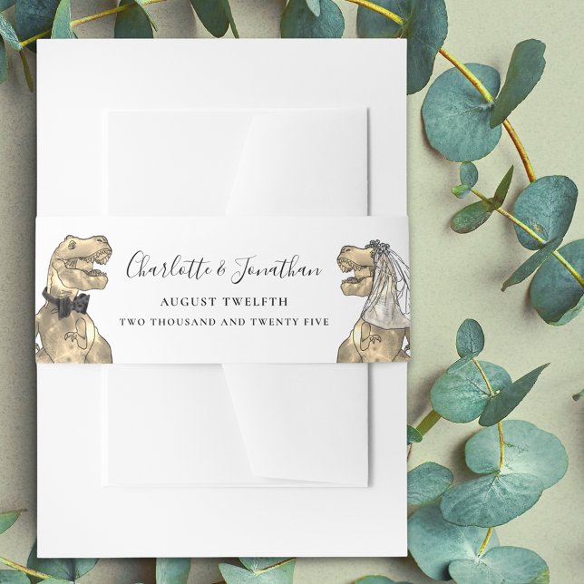 Dinosaur Theme Wedding Personalisiert Einladungsbanderole (Dinosaur wedding invitation personalized belly bands Modern elegant script T-Rex dino bride & groom)