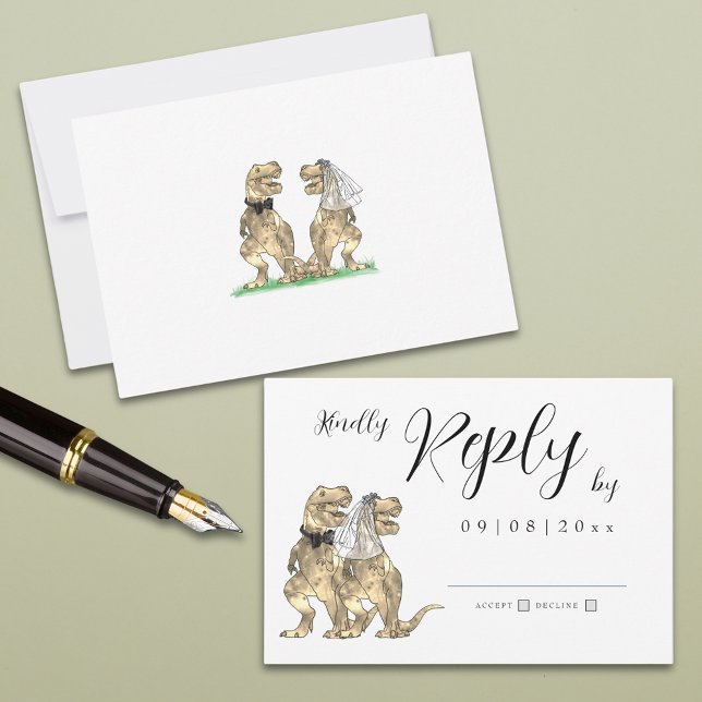 Dinosaur Theme Wedding Reply RSVP Card Karte (Simple dinosaur bride and groom wedding invitation rsvp enclosure card with elegant script)