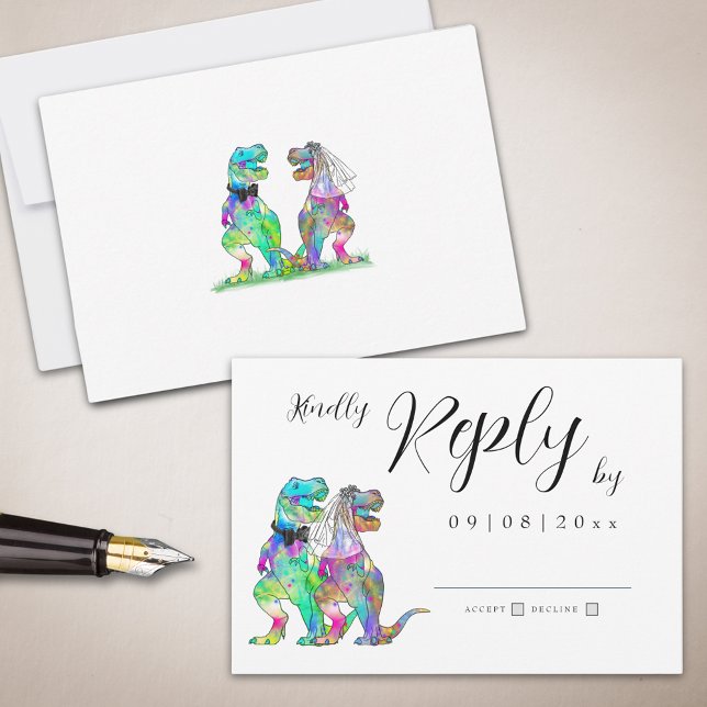 Dinosaur Theme Wedding Reply RSVP Card Karte (Dinosaur theme wedding invitation rsvp enclosure card with elegant script )