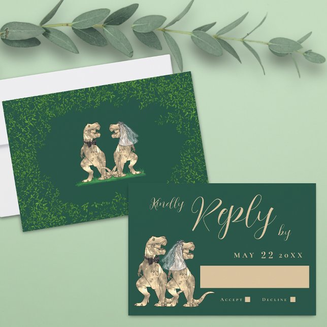 Dinosaur Theme Wedding Reply RSVP Karte (T-Rex bride and groom funny dinosaur wedding rsvp card Watercolor eucalyptus foliage dark green )