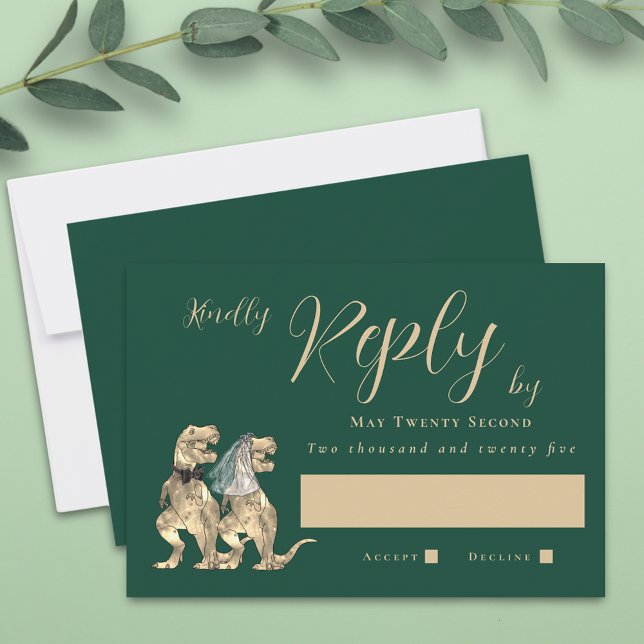 Dinosaur Theme Wedding Reply RSVP Karte (Dinosaur wedding dark green invitation RSVP T-Rex dino bride and groom modern elegant script)