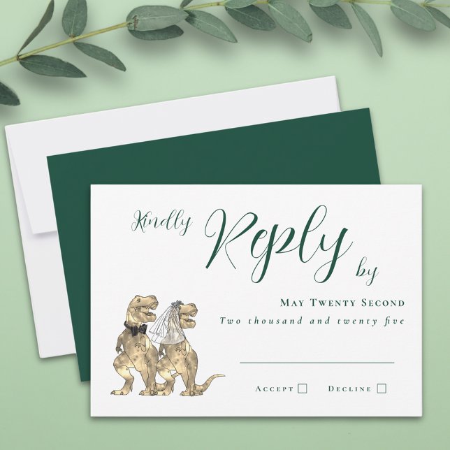 Dinosaur Theme Wedding Reply RSVP Karte (Dinosaur theme dark green wedding invitation RSVP T-Rex dino bride and groom elegant script )