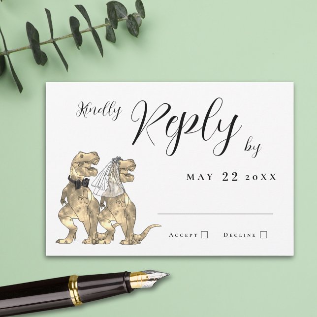 Dinosaur Theme Wedding Reply RSVP Karte (T-Rex bride & groom funny dinosaur wedding RSVP card Elegant modern script simple minimalist design)