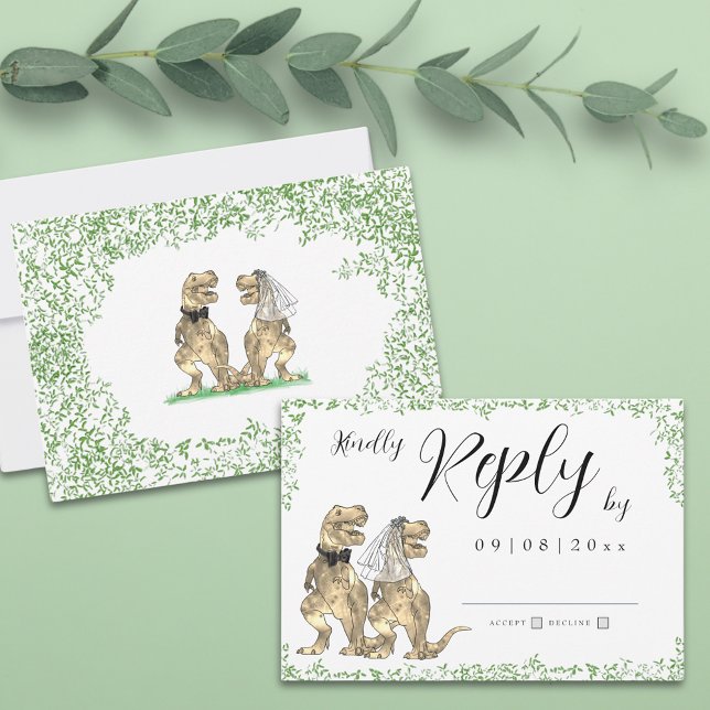 Dinosaur Theme Wedding Reply RSVP Karte (Botanical dinosaur theme wedding invitation rsvp enclosure card with watercolor eucalyptus greenery )