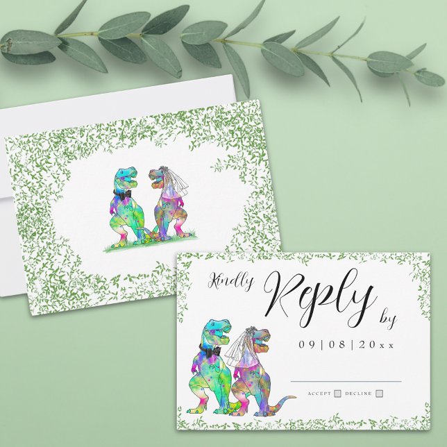Dinosaur Theme Wedding Reply RSVP Karte (Colorful dinosaur wedding rsvp enclosure card with T-Rex bride and groom and watercolor eucalyptus )