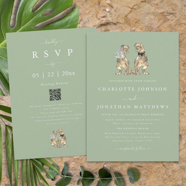Dinosaur Theme Wedding Sage Green QR Code Einladung (Dinosaur theme wedding qr code sage green invitation fun T-Rex dino bride and groom modern elegant )