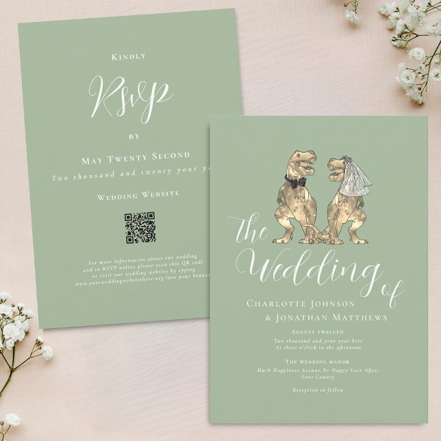 Dinosaur Theme Wedding Sage Green QR Code Einladung (Dinosaur theme wedding sage green and white QR Code invitation Fun T-Rex dino bride and groom modern)
