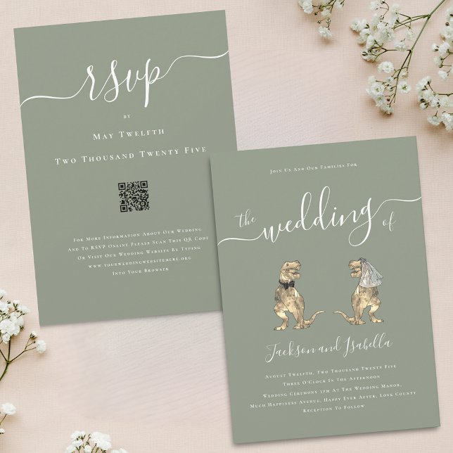 Dinosaur Theme Wedding Sage Green White QR Code Einladung (Whimsical boho Dinosaur T-Rex bride and groom elegant sage green qr code wedding invitation)