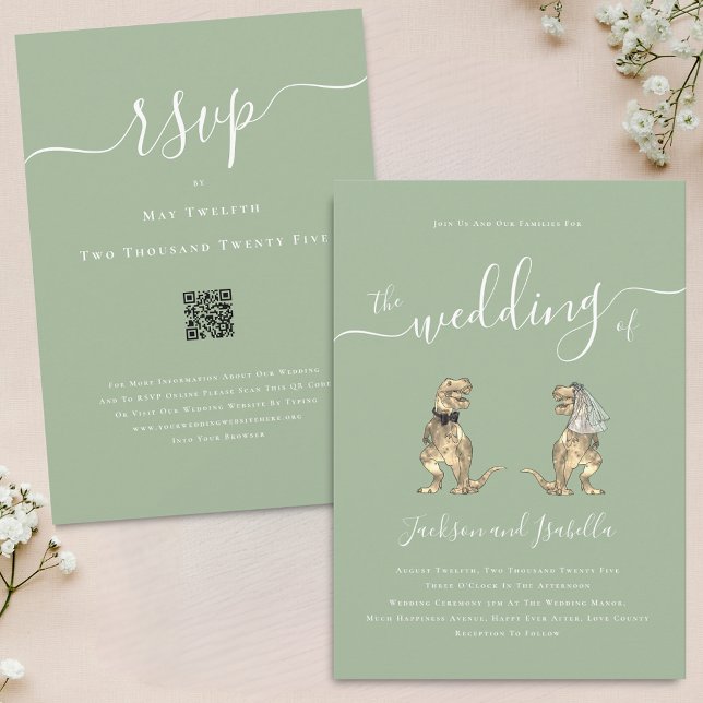 Dinosaur Theme Wedding Sage Green White QR Code Einladung (Dinosaur theme wedding sage green QR code invitation Eleagnt modern script T-Rex dino bride & groom)