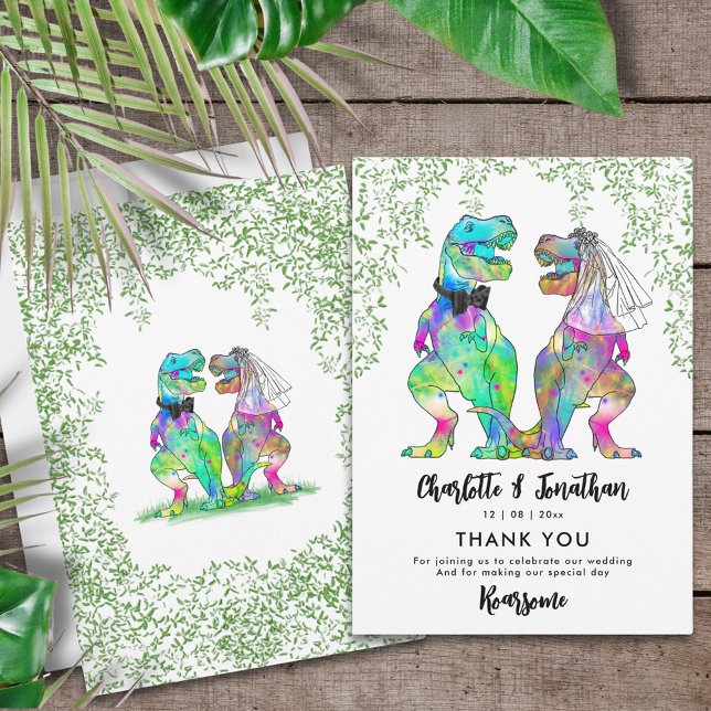 Dinosaur Theme Wedding Vielen Dank Dankeskarte (Colorful dinosaur wedding thank you card with colorful T-Rex bride and groom and Jurassic jungle )