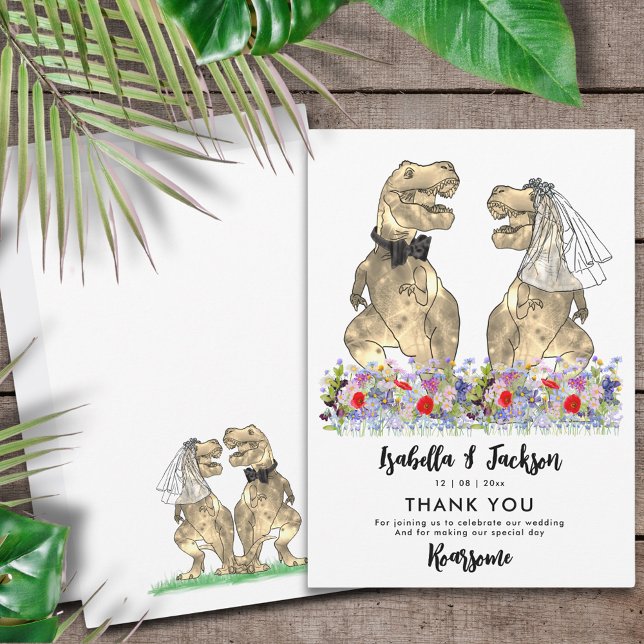 Dinosaur Theme Wedding Vielen Dank Dankeskarte (Dinosaur wedding funny T-Rex Bride and Groom colorful wildflower thank you card)