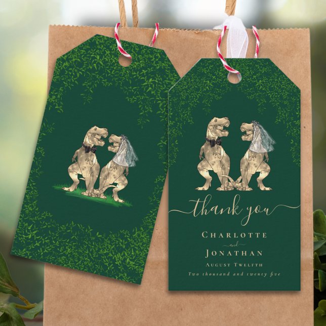 Dinosaur Theme Wedding Vielen Dank Geschenkanhänger (dark green Dinosaur wedding personalized tank you favor tags with T-Rex bride and groom & eucalyptus)