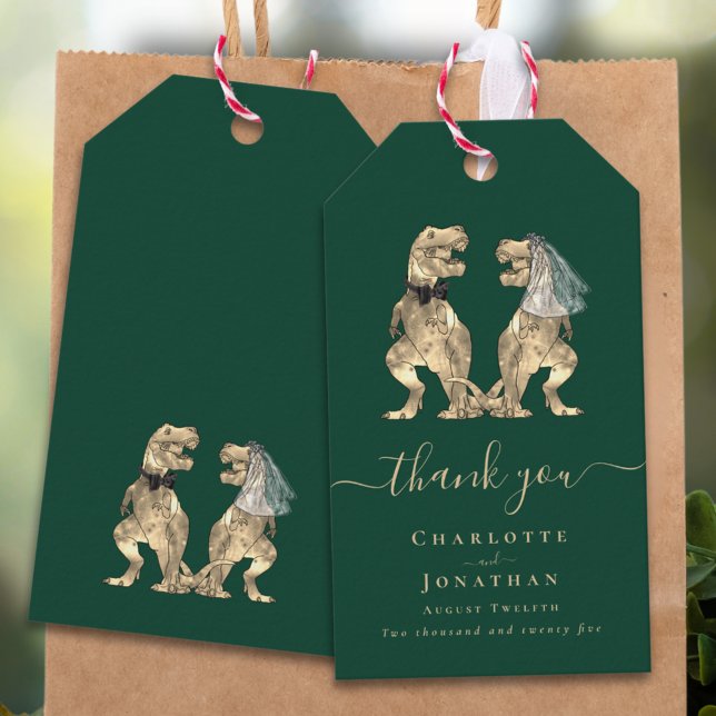 Dinosaur Theme Wedding Vielen Dank Geschenkanhänger (Dinosaur theme wedding dark green thank you personalized favor tags elegant modern script T-Rex dino)