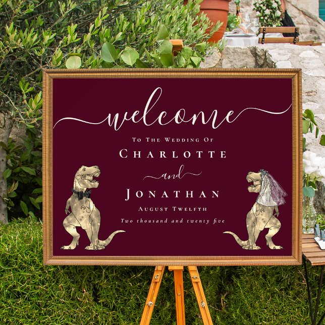 Dinosaur Theme Wedding Welcome Burgundy Wine Cream Poster (Elegant Dinosaur burgundy cream wedding Welcome poster sign Whimsical script T-Rex bride & groom )