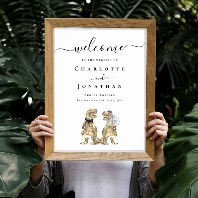 Dinosaur Theme Wedding Willkommen Poster (Dinosaur themed wedding custom welcome poster with funny T-Rex bride and groom modern elegant script)