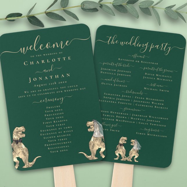 Dinosaur Theme Wedding Zeremony Green Programm Fächer (Dinosaur theme wedding program dark green fan fun T-Rex bride and groom dinos elegant modern script )