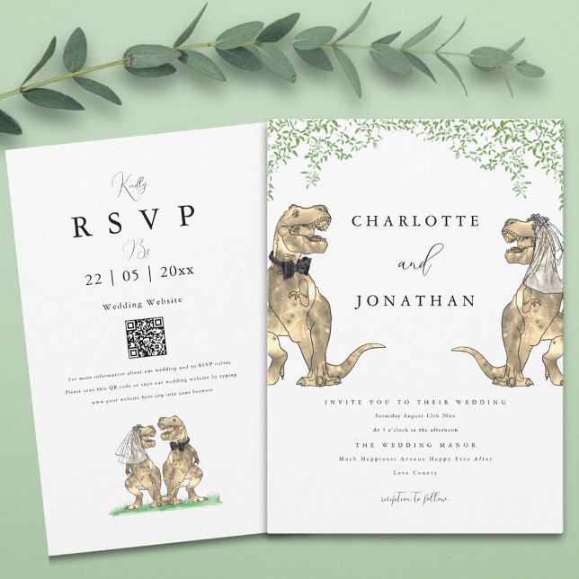 Dinosaur Themed Greenerity Wedding Einladung (Boho botanical dinosaur wedding invitation with qr code)