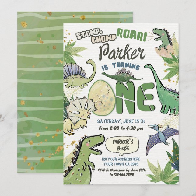 Dinosaur Themed Party 1. Geburtstag Einladung (Vorne/Hinten)