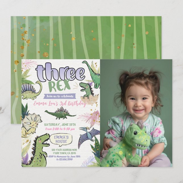 Dinosaur Themed Party 3. Geburtstag Einladung (Vorne/Hinten)