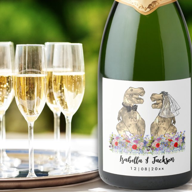 Dinosaur Themed Wedding (Dinosaur bride and groom custom funny dinosaur wedding sparkling wine label)