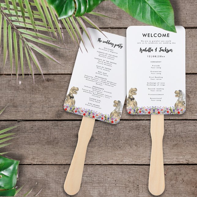Dinosaur Themed Wedding Day Fächer (T-Rex bride and groom wildflower dinosaur wedding program fan)
