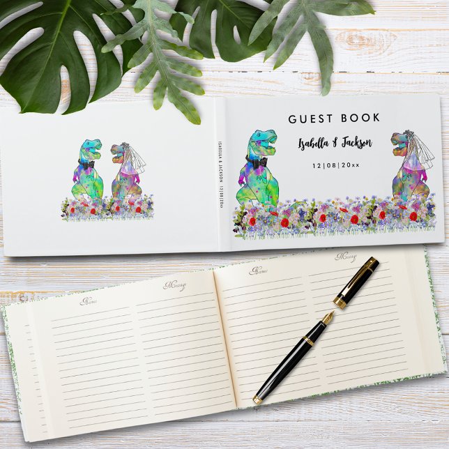 Dinosaur Themed Wedding Gästebuch (Dinosaur themed wedding custom guest book with fun T-Rex bride and groom with colorful wildflowers)