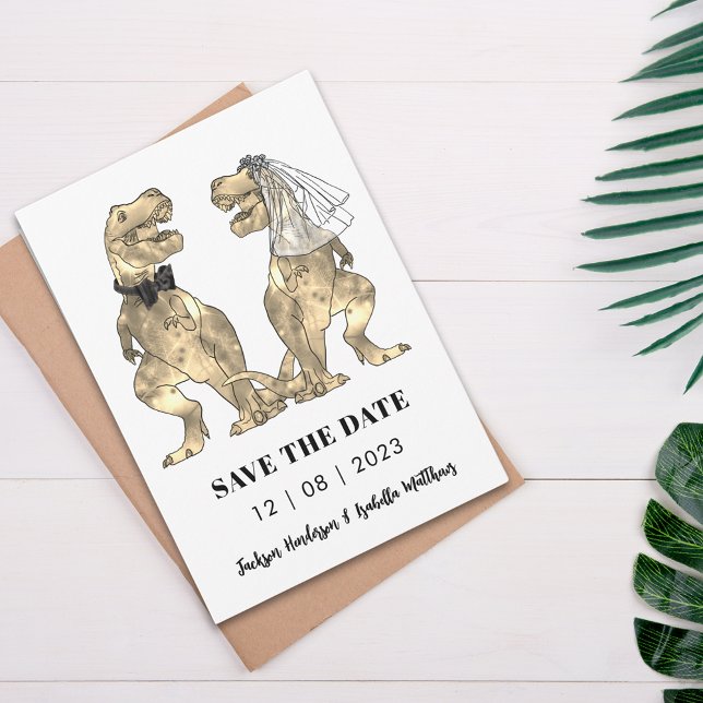 Dinosaur Themed Wedding Green Save The Date (T-Rex bride and groom funny dinosaur wedding save the date invitation)
