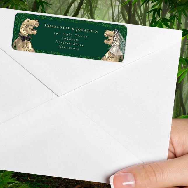Dinosaur Themed Wedding Rücksendeadresse (T-Rex bride and groom dinosaur wedding return address label Watercolor eucalyptus foliage)
