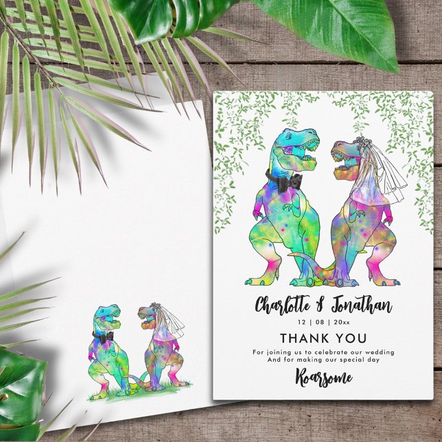 Dinosaur Themed Wedding Vielen Dank Einladung (Colorful T-Rex bride and groom funny dinosaur wedding thank you card)