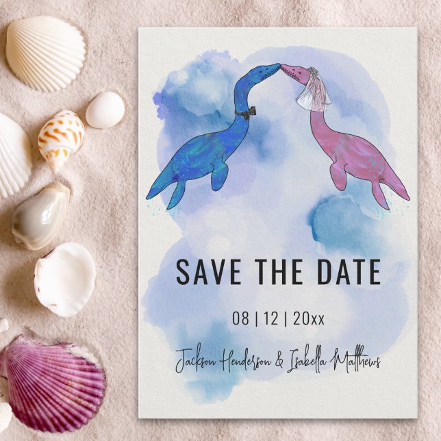 Dinosaur-Themen-Hochzeit Save The Date (Watercolor sea dinosaur theme wedding save the date card ocean Beach wedding )