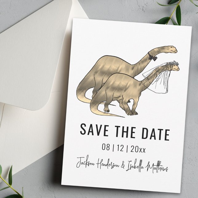 Dinosaur-Themen-Hochzeit Save The Date (Simple Dinosaur wedding save the date card Watercolor brontosaurus dino bride and groom)
