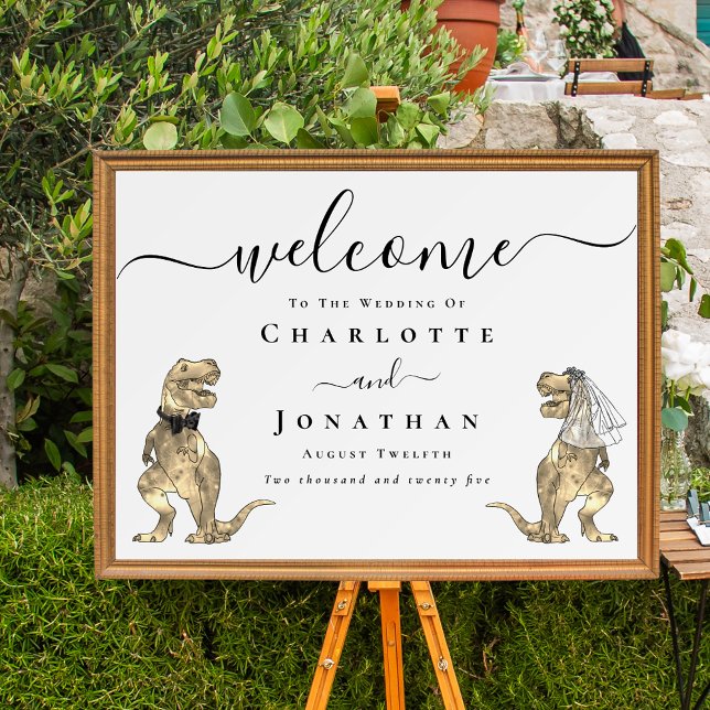 Dinosaur-Themen-Hochzeitsbegrüßung Poster (Dinosaur wedding welcome poster Funny T-Rex bride and groom elegant script)