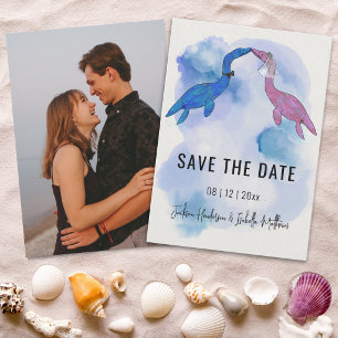 Dinosaur-Themen-Hochzeitsfoto am Strand Save-the-D Save The Date