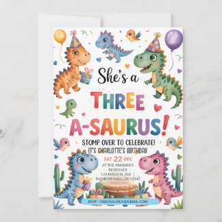 Dinosaur Three A-Saurus 3. Geburtstag Party T-Rex Einladung