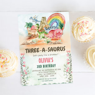 Dinosaur Three-A-Saurus 3. Geburtstags-Party Einladung