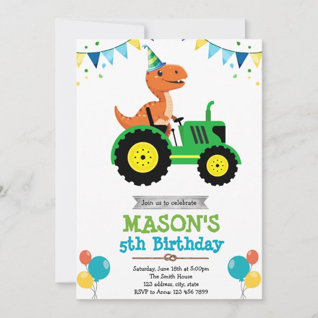 Dinosaur tracteur invitation anniversaire (Devant)