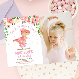 Dinosaur Tutu Ballerina Floral Foto Geburtstag Einladung