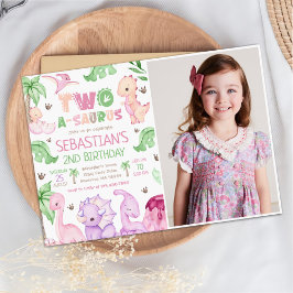 Dinosaur Two-A-Saurus Girl 2. Geburtstags-Foto Einladung