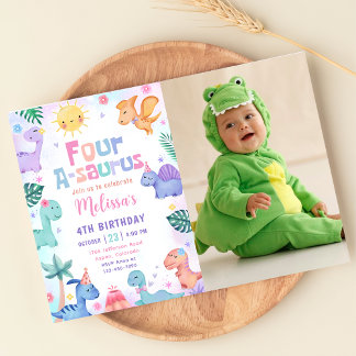 Dinosaur Vier-A-Saurus 4. Geburtstags-Foto Einladung