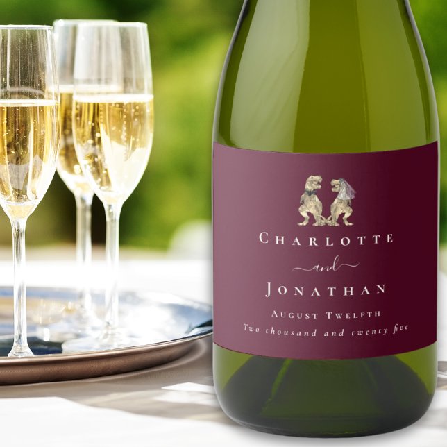 Dinosaur Wedding Burgundy & Cream Personalisiert (Dinosaur themed wedding T-Rex bride and groom burgundy & cream personalized wine labels Modern )