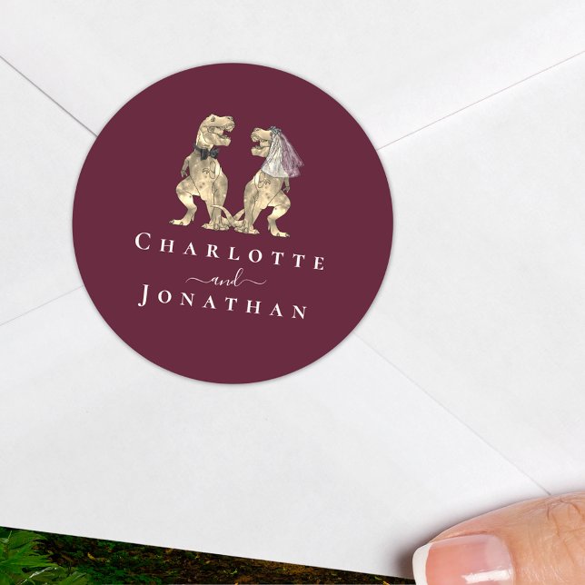 Dinosaur Wedding Burgundy & Cream Personalisiert Runder Aufkleber (Dinosaur theme wedding burgundy & cream personalized stickers T-Rex dino bride and groom names)