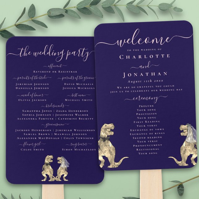 Dinosaur Wedding Ceremony Navy Blue Blush Pink Fächer (T-Rex bride and groom dinosaur navy blue blush pink wedding ceremony program fans elegant script)