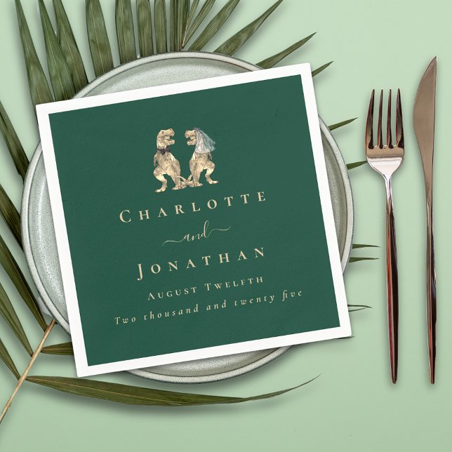 Dinosaur Wedding Dark Green Serviette (dinosaur bride and groom wedding dark green Jurassic custom napkins)