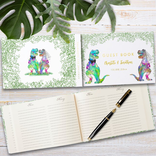 Dinosaur Wedding Gold Foil Gästebuch (T-Rex bride and groom dinosaur wedding gold foil guest book colorful dino Jurassic jungle watercolor)