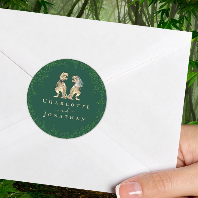 Dinosaur Wedding Green Custom Runder Aufkleber (T-Rex dinosaur wedding dark green custom sticker Watercolor eucalyptus foliage dino bride and groom )
