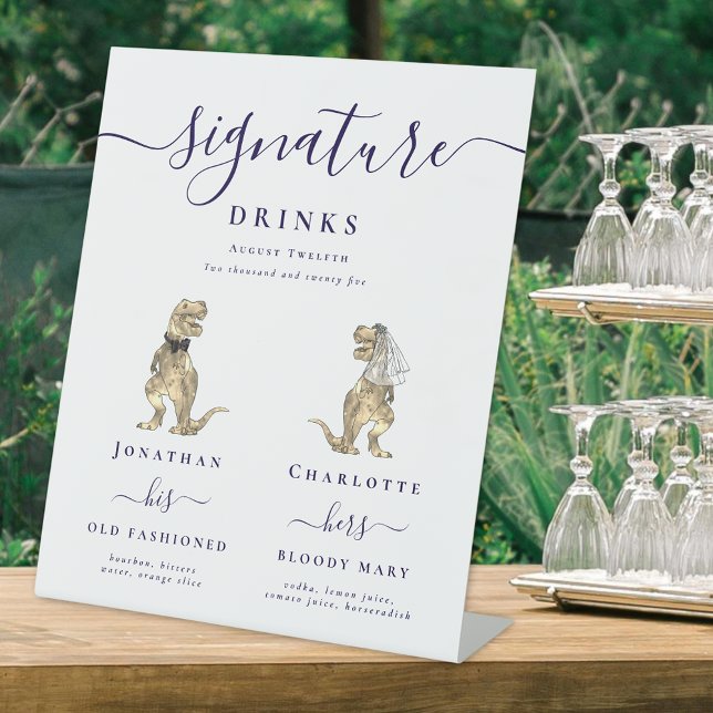 Dinosaur Wedding Navy Blue Script Signature Drinks Sockelschild (Dinosaur wedding bride & groom signature drinks cocktail bar sign Navy blue elegant script T-Rex )
