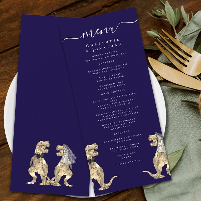 Dinosaur Wedding Navy Blue & White Menükarte (Dinosaur wedding menu navy blue & white modern elegant script T-Rex dino Bride & groom)