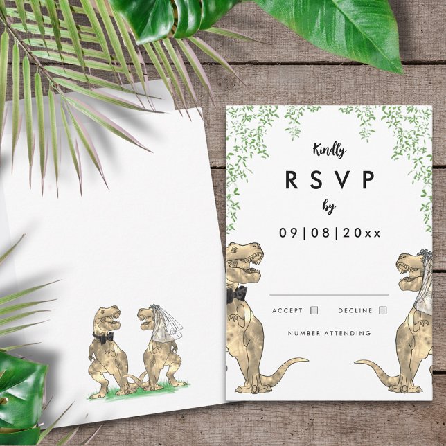 Dinosaur Wedding Reply RSVP Karte (T-Rex bride and groom dinosaur themed wedding invitation RSVP enclosure card)