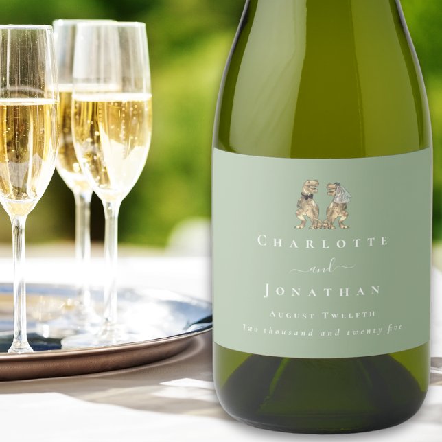 Dinosaur Wedding Sage Green & White Custom (Dinosaur themed wedding T-Rex bride and groom sage green & white personalized wine labels Elegant)